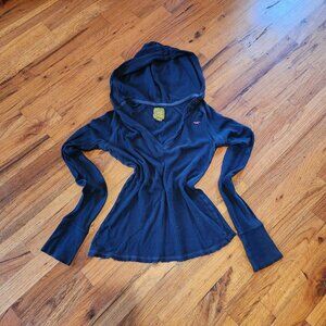 Hollister Navy Blue Ribbed Hooded Shirt Long Sleeves V-Neck Button detail Front